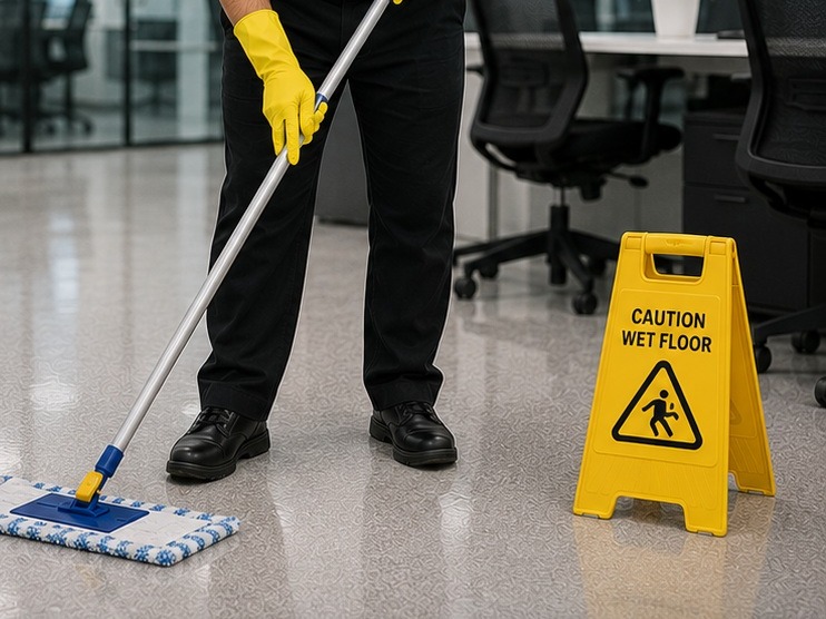 Mopping a commercial floor with a wet floor caution sign displayed