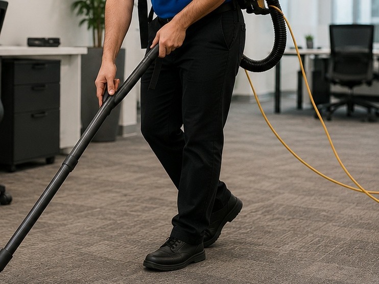 Cleaning professional vacuuming a commercial office space