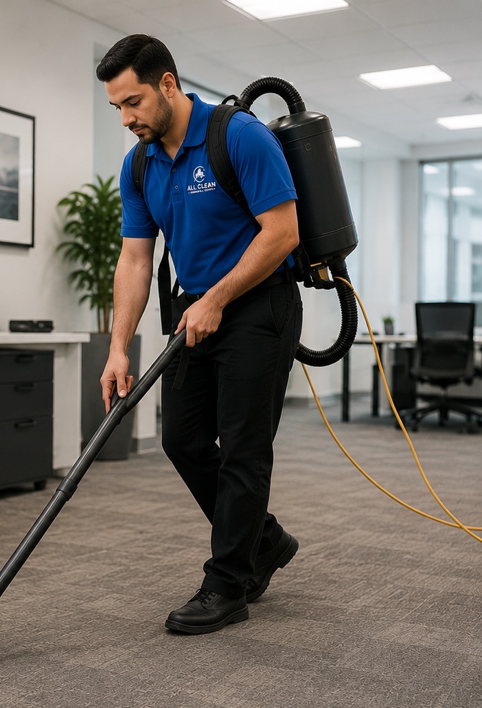 All Clean Commercial Services technician vacuuming a Marietta office