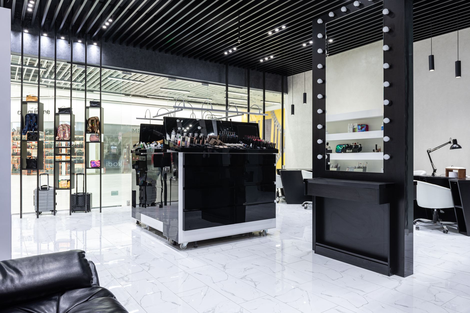 Bright, modern retail store interior with polished flooring and organized product displays